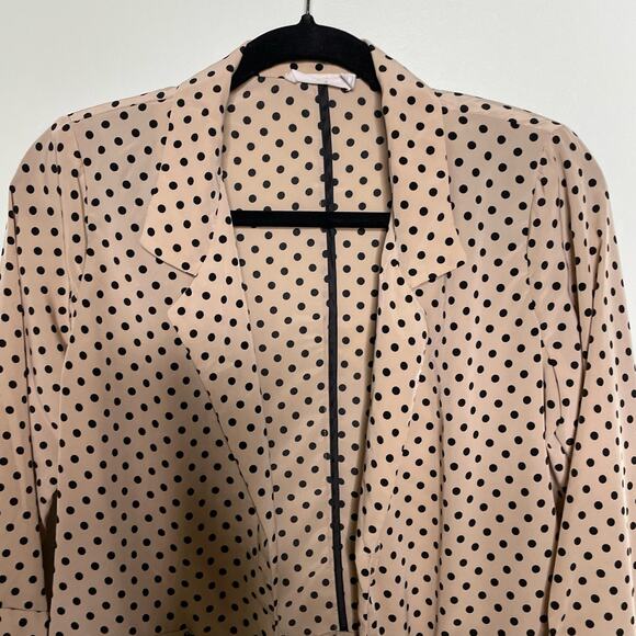 Lush Blazer Jacket Polka Dot 3/4 Sleeve Open Front Tan Black M Office Siren Corp - Picture 2 of 12
